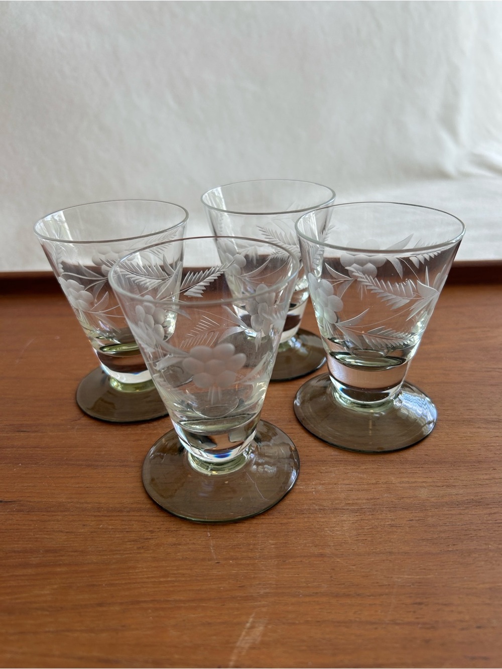 Charming Vintage Etched Floral Cordial Glasses Set of 4 with light green bases.